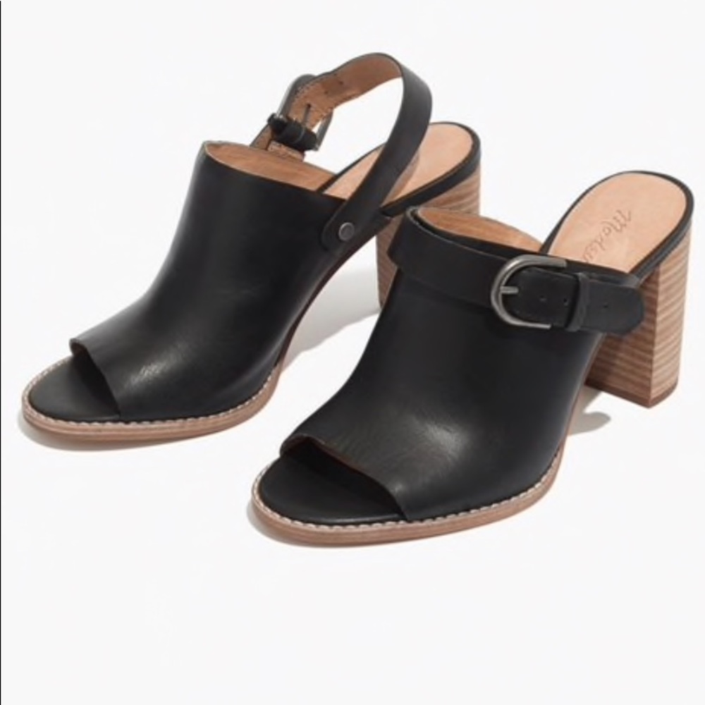 Madewell Black Leather Heeled Slingback Mule